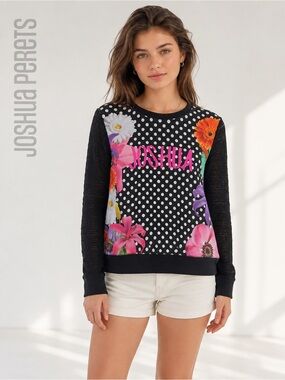 Joshua Perets Floral Polka Dot Lace Long Sleeve Top Black Pink Size L